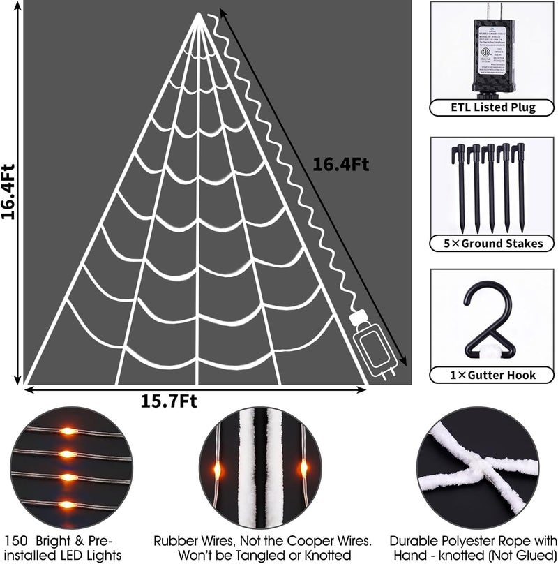 Zivilic Halloween Spider Web Lights 150 LED Lighted Spider Web Giant 16.4 Ft Halloween Decorations Light up with 8 Lighting Modes Waterproof & Timer for Outdoor Indoor Yard Haunted House Decor (Orange) - Image 5
